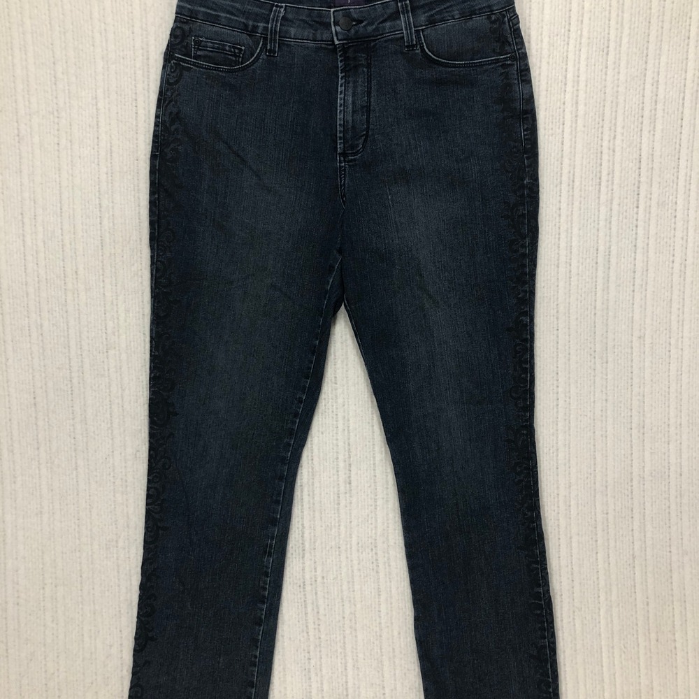 NYDJ Dark Wash Flocked Side Stripe Denim Jeans Blue Damask Stretch Size 12